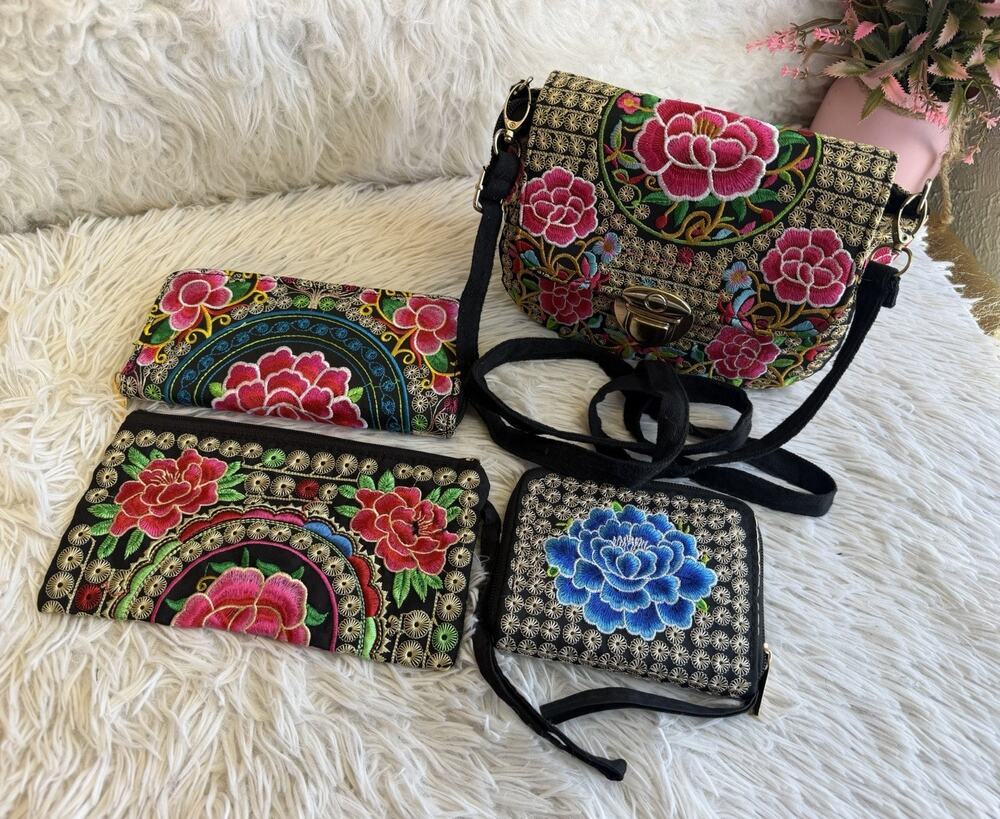 Set of 4 Mulicolor Floral Embroidery Pattern Coin, Crossbody bag, Wallet Boho